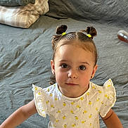 Mariana a rejoint le concours — aidez-le/la à gagner de superbes lots ! toddler, child, girl, pigtails, yellow_hair_bands, white_dress, lemon_pattern, bed, blanket, quilted_bedspread, indoor, portrait, cute, curious, face, person, young_child, earrings, looking_up, home