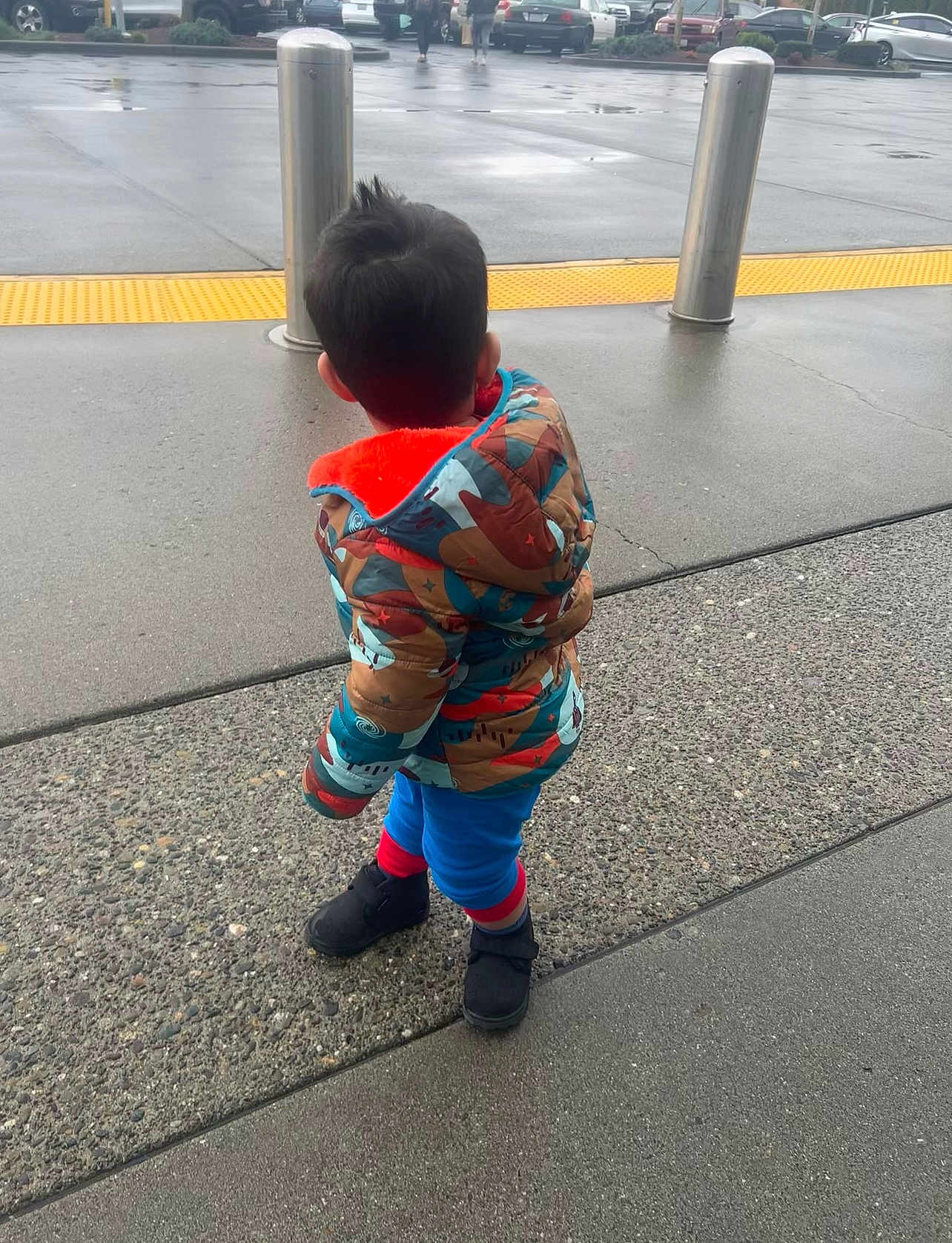 Zohan joined the competition — help win amazing prizes! child, toddler, back_view, colorful_jacket, puffer_jacket, hood, boots, pavement, sidewalk, wet, rainy, bollard, parking_lot, tactile_paving, concrete, standing, short_hair, outerwear, cars, urban