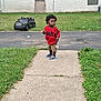 Kayden joined the competition — help win amazing prizes! child, toddler, sidewalk, grass, toy_car, red_shirt, sandals, pacifier, chain_link_fence, brick_wall, outdoor, person, greenery, curly_hair, shorts, summer, daytime, standing, play, background