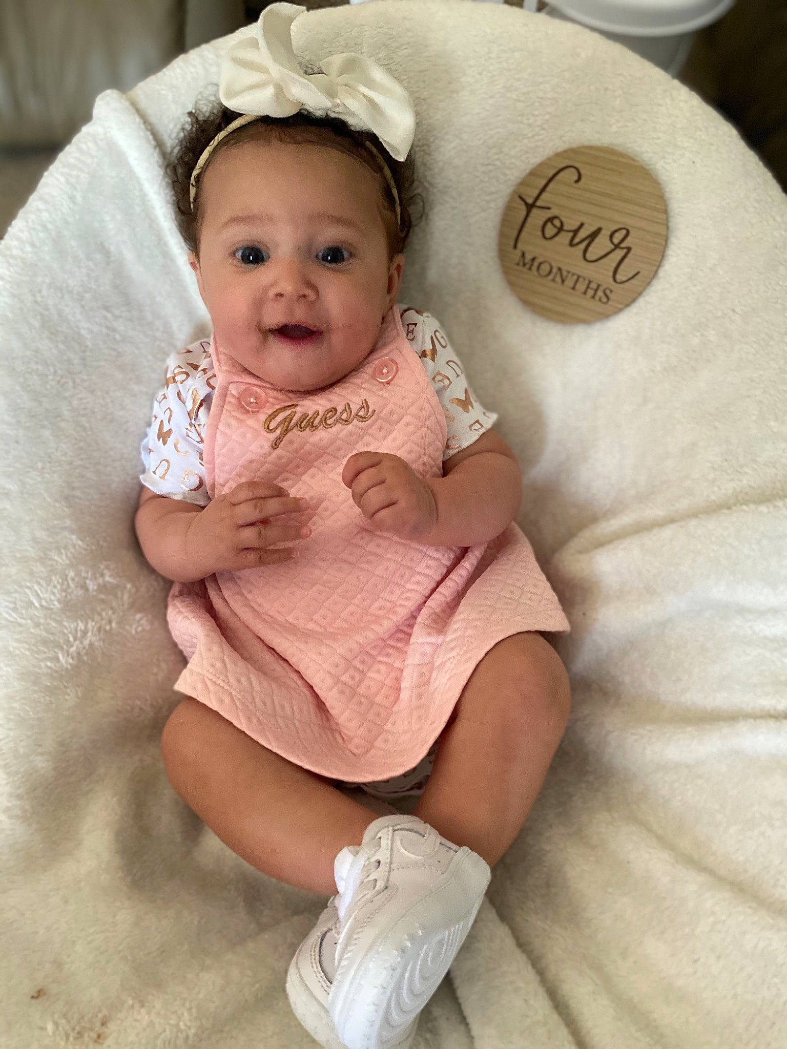 Ava is registered to the contest to win money with this photo: baby, baby_sleeping, baby_toddler_clothing, cheek, comfort, eye, finger, happy, headgear, human_body, human_leg, iris, leg, linens, lip, person, pink, skin, sleeve, surprise