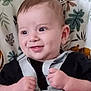 Noah is registered to the contest to win money with this photo: baby, child, smile, face, infant, seat, harness, patterned, clothing, cute, happy, person, indoors, young, closeup, expression, hand, head, safety, seatbelt