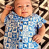 Zayden joined the competition — help win amazing prizes! baby, infant, child, smile, blue_clothing, patterned_clothing, shirt, shorts, lying_down, blanket, geometric_pattern, starfish_pattern, shell_pattern, indoor, cute, portrait, young_child, happy, relaxed, toddler