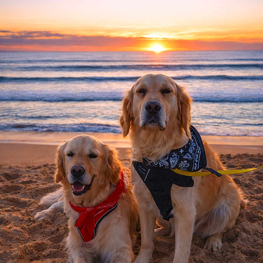 Hippie Et Sam a rejoint le concours — aidez-le/la à gagner de superbes lots ! dog, golden_retriever, beach, sunset, sand, ocean, water, sky, waves, bandana, harness, pet, animal, outdoor, nature, sun, leash, canine, relaxed, portrait