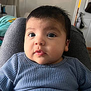 Mariel joined the competition — help win amazing prizes! baby, blanket, blue_sweater, child, chubby_cheeks, close_up, clothing, couch, cute, dark_hair, eyes, face, gaze, hand, home_interior, indoors, infant, portrait, sitting, toddler
