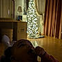 baby, toy, christmas_tree, lights, blur, indoor, curtains, furniture, floor, warm_light, holiday, child, person, cozy, chewing, decor, reflection, mirror, lamp, carpet