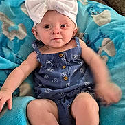 Kali Rayne Fisher is registered to the contest to win money with this photo: baby, infant, child, portrait, smiling, happy, headband, bow, romper, denim, blanket, turquoise, indoors, lying_down, sitting, face, arms, legs, baby_fashion, cute