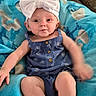 baby, infant, child, portrait, smiling, happy, headband, bow, romper, denim, blanket, turquoise, indoors, lying_down, sitting, face, arms, legs, baby_fashion, cute