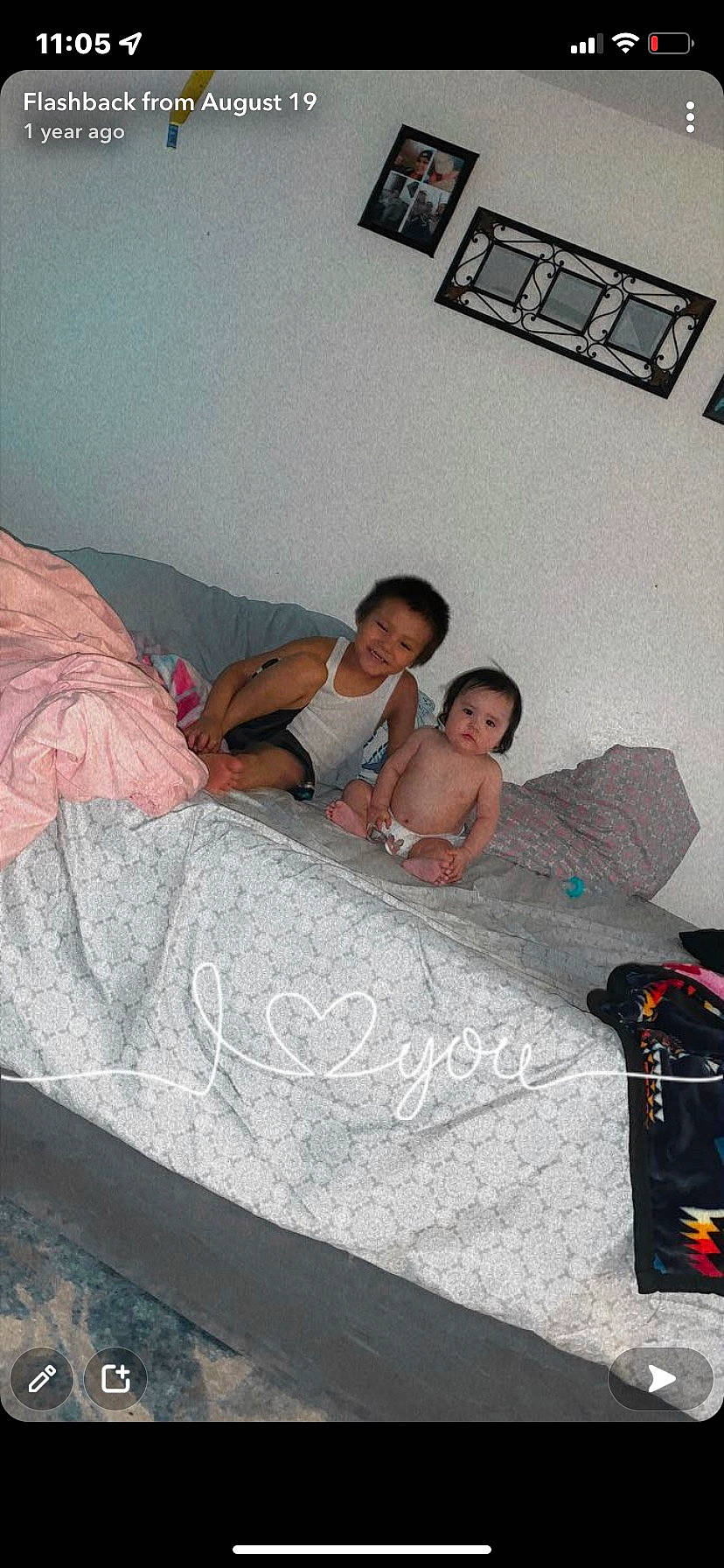 Shirlaura is registered to the contest to win money with this photo: bed, bed_sheet, bedding, bedroom, child, comfort, event, flooring, fun, happy, house, joy, leisure, linens, mattress, person, picture_frame, pillow, room, sitting