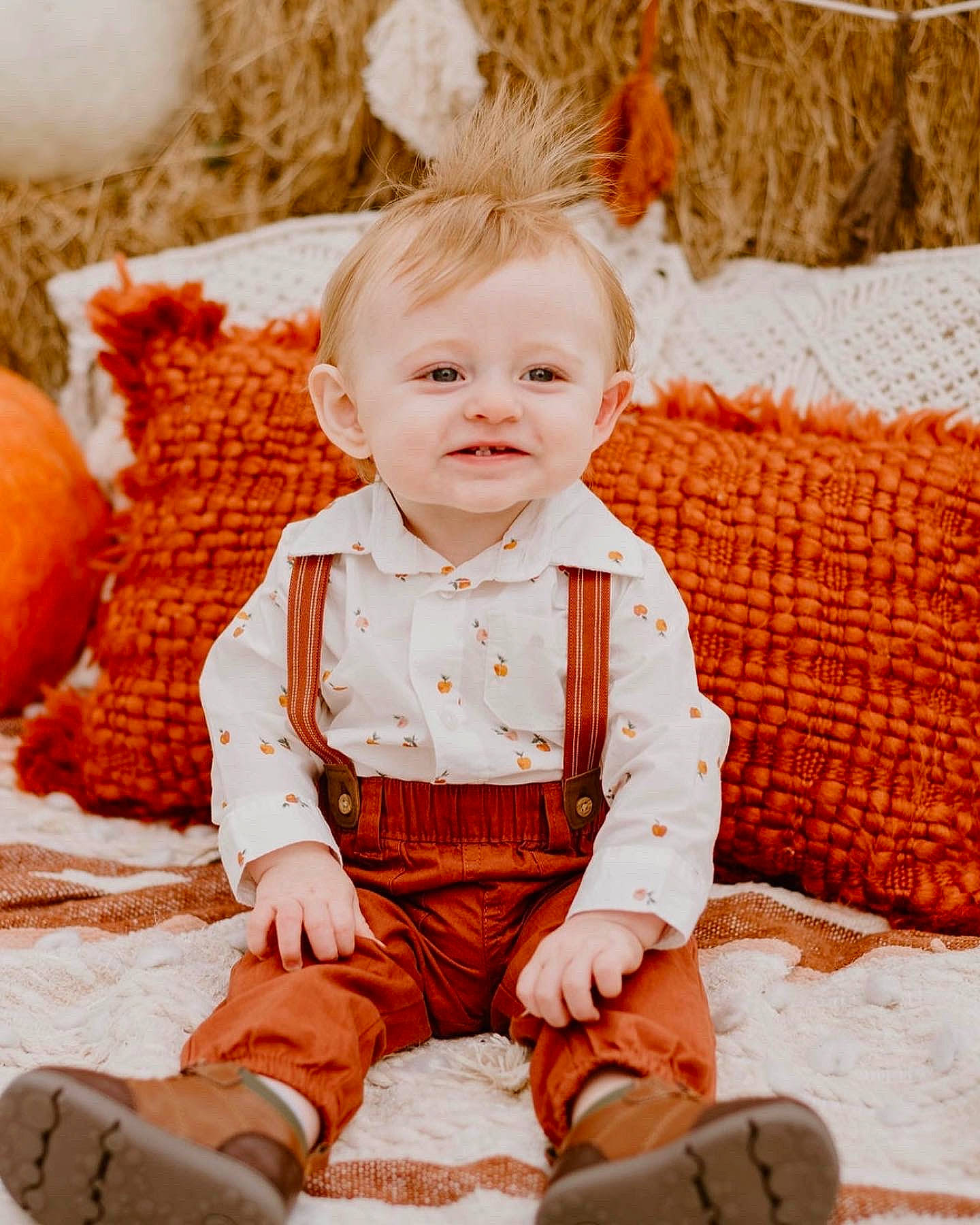 Elijah joined the competition — help win amazing prizes! baby, baby_toddler_clothing, bow_tie, chair, child, collar, event, happy, head, orange, pattern, peach, person, portrait_photography, sitting, sleeve, smile, tie, toddler, white