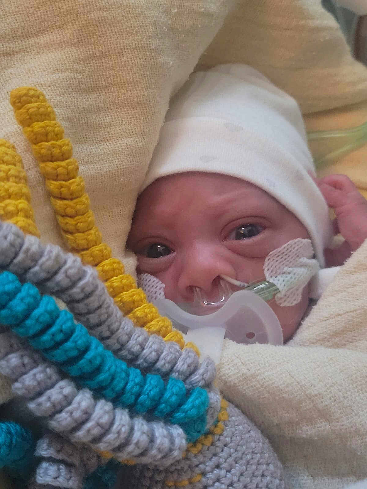 Siraj a rejoint le concours — aidez-le/la à gagner de superbes lots ! newborn, baby, infant, blanket, hat, nasal_cannula, oxygen_tube, knitted_toy, crochet, blue, yellow, gray, closeup, face, eyes, hospital, medical, cozy, wrapped, child
