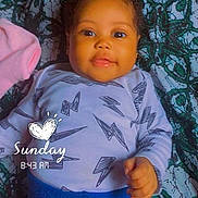 Jasmine is registered to the contest to win money with this photo: baby, infant, child, portrait, lying_down, looking_at_camera, brown_eyes, curly_hair, smiling, patterned_blanket, blue_clothing, long_sleeves, lightning_pattern, heart_graphic, sunday_text, time_text, indoor, close_up, candid, safe