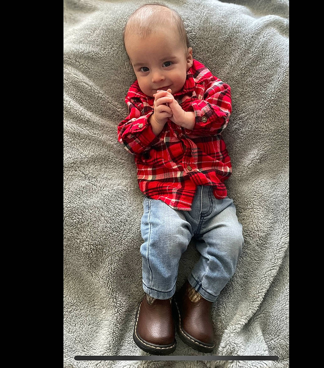 Drew joined the competition — help win amazing prizes! arm, baby, baby_toddler_clothing, collar, comfort, denim, flash_photography, gesture, grey, hand, happy, human, outerwear, pattern, person, plaid, sitting, skin, sleeve, t_shirt