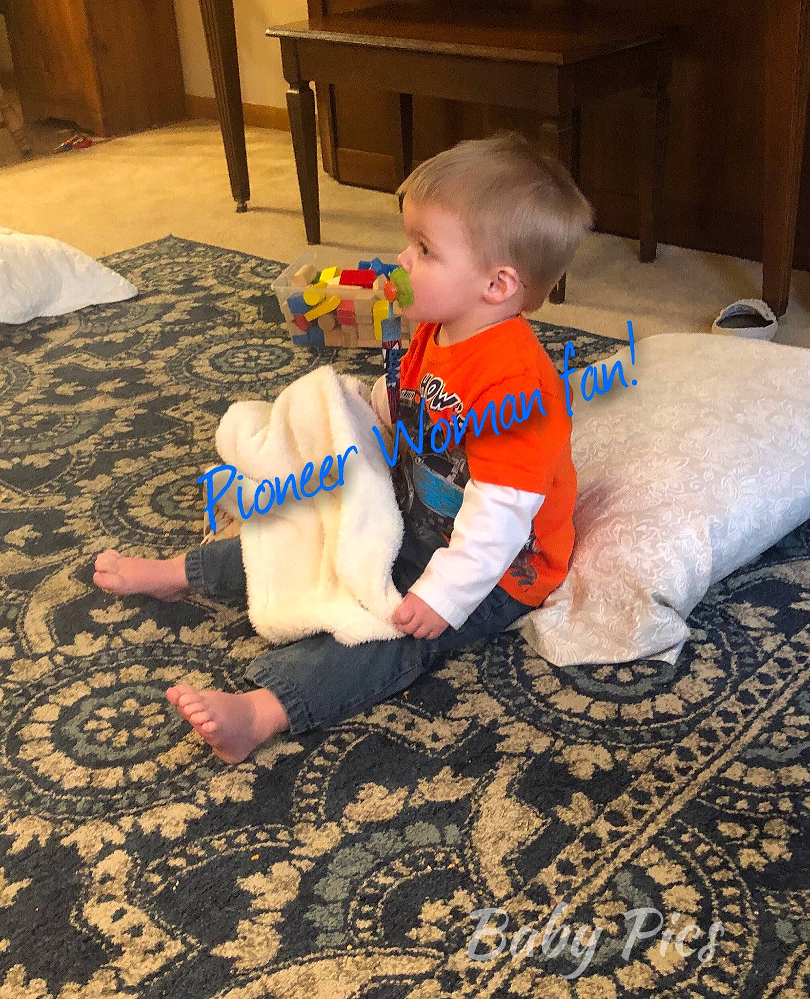 Brodey is registered to the contest to win money with this photo: baby, carpet, child, floor, flooring, leg, person, play, room, sitting, toddler