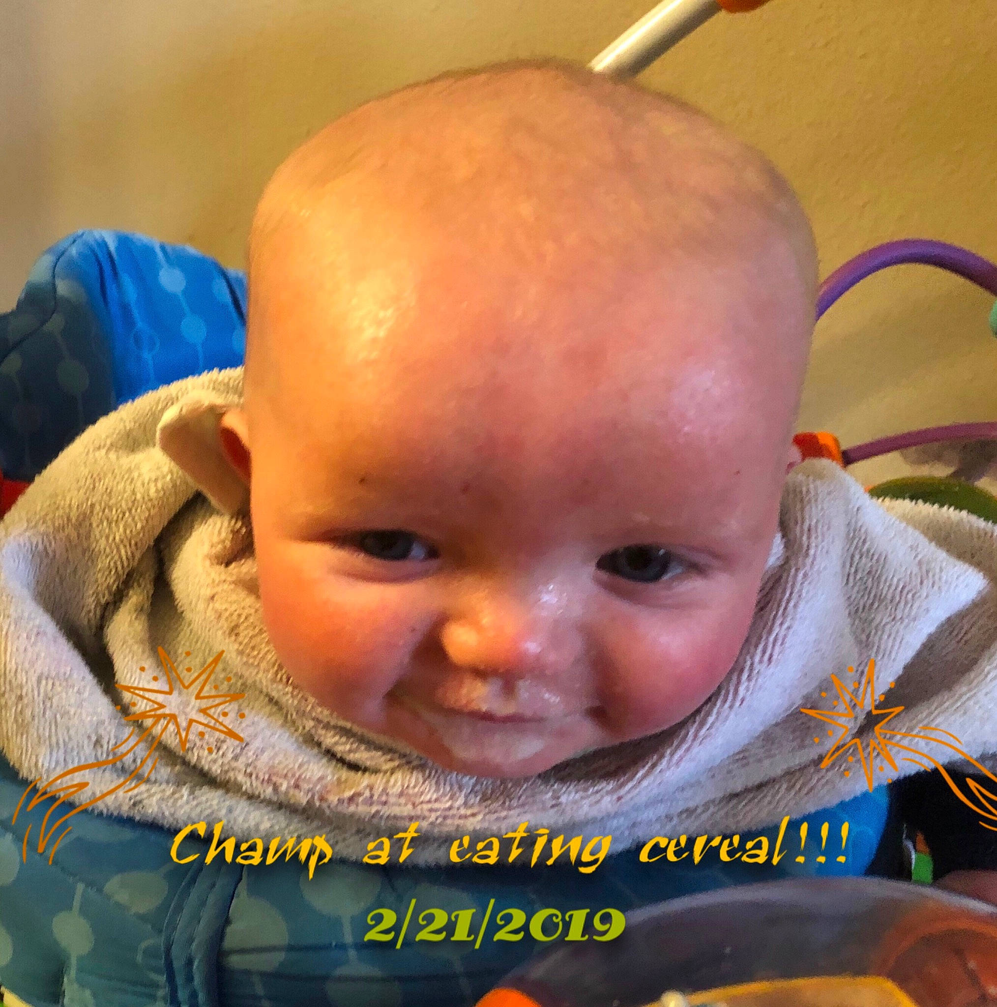 Pearson is registered to the contest to win money with this photo: baby, baby_food, baby_making_funny_faces, cheek, child, close_up, ear, eye, face, facial_expression, forehead, head, iris, joy, lip, mouth, nose, person, photo_caption, skin