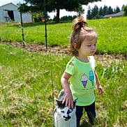 Baylee joined the competition — help win amazing prizes! child, cat, grass, outdoor, sunlight, barn, tree, greenery, cute, pet, nature, young_child, casual_clothing, animal, field, daylight, portrait, gentle, calm, summer