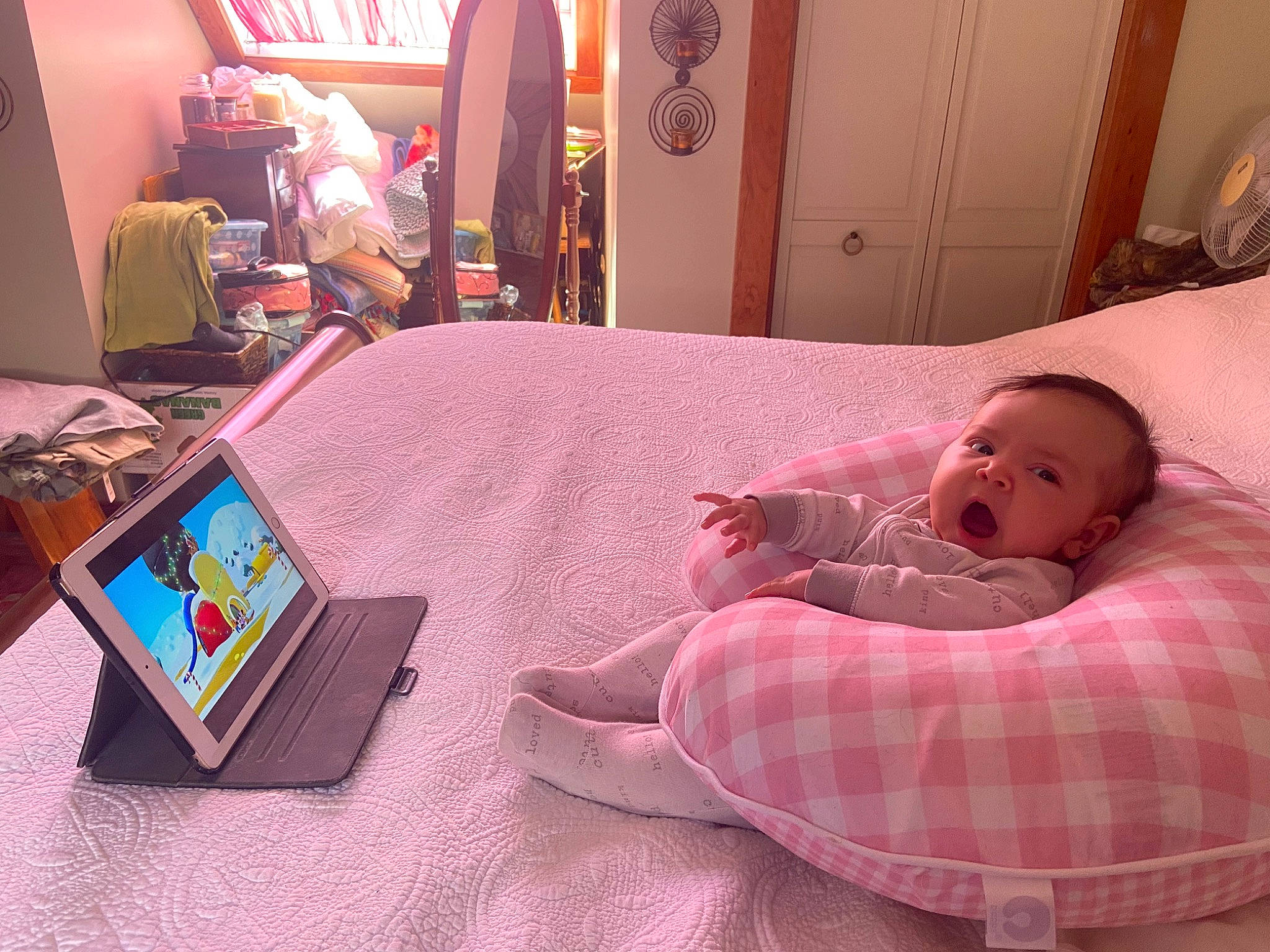 Nevaeha joined the competition — help win amazing prizes! baby, baby_products, baby_toddler_clothing, child, comfort, communication_device, electronic_device, flooring, fun, gadget, linens, magenta, person, pink, portable_communications_device, room, sitting, snapshot, tablet_computer, toddler