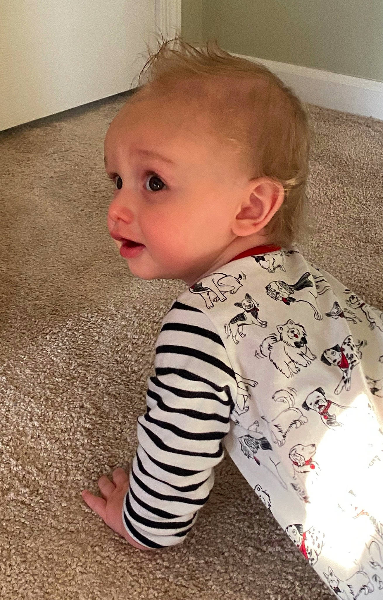 Owen joined the competition — help win amazing prizes! baby, baby_toddler_clothing, cheek, child, comfort, face, floor, flooring, head, human_body, long_sleeved_t_shirt, nose, pattern, person, sitting, skin, sleeve, standing, surprise, t_shirt