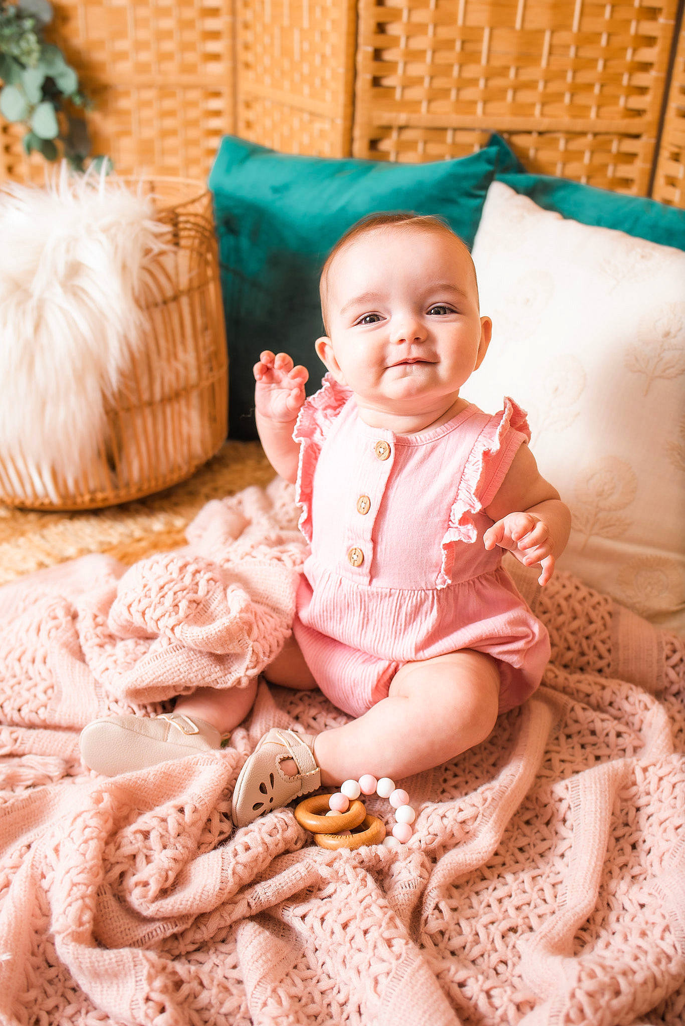 Adelaide joined the competition — help win amazing prizes! baby, baby_toddler_clothing, child, comfort, dress, embellishment, face, happy, linens, mammal, pattern, peach, person, pink, product, sitting, skin, smile, textile, toddler