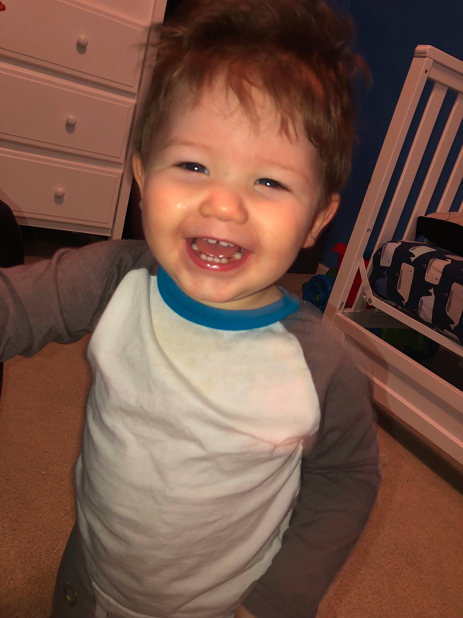 Gabriel is registered to the contest to win money with this photo: baby, cheek, child, chin, eye, face, facial_expression, forehead, fun, head, jaw, joy, laugh, mouth, neck, person, skin, smile, standing, toddler