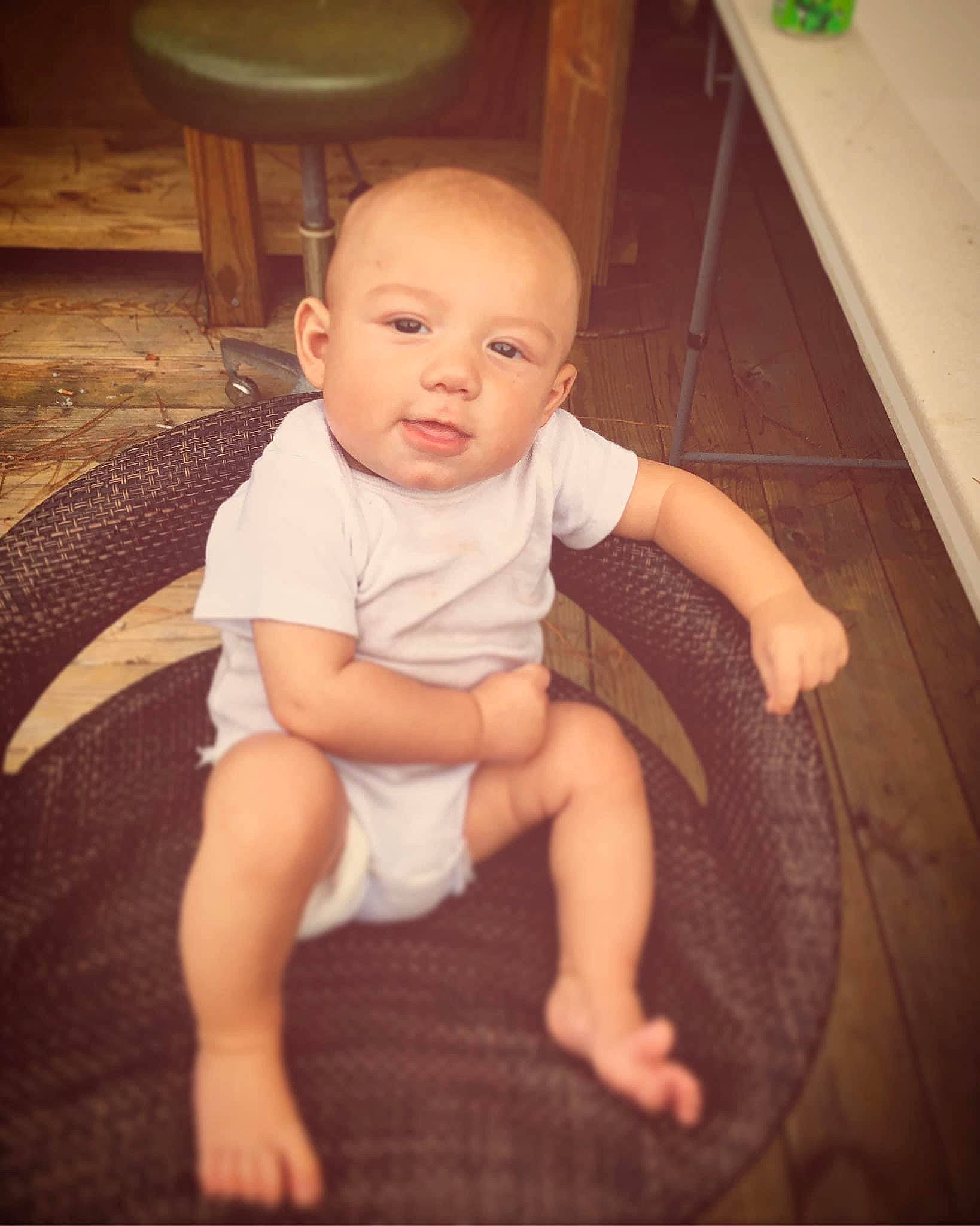 Johnathon joined the competition — help win amazing prizes! baby, baby_toddler_clothing, cheek, eye, finger, flash_photography, floor, flooring, green, happy, human_body, iris, mouth, organ, person, skin, standing, tints_and_shades, toddler, trunk