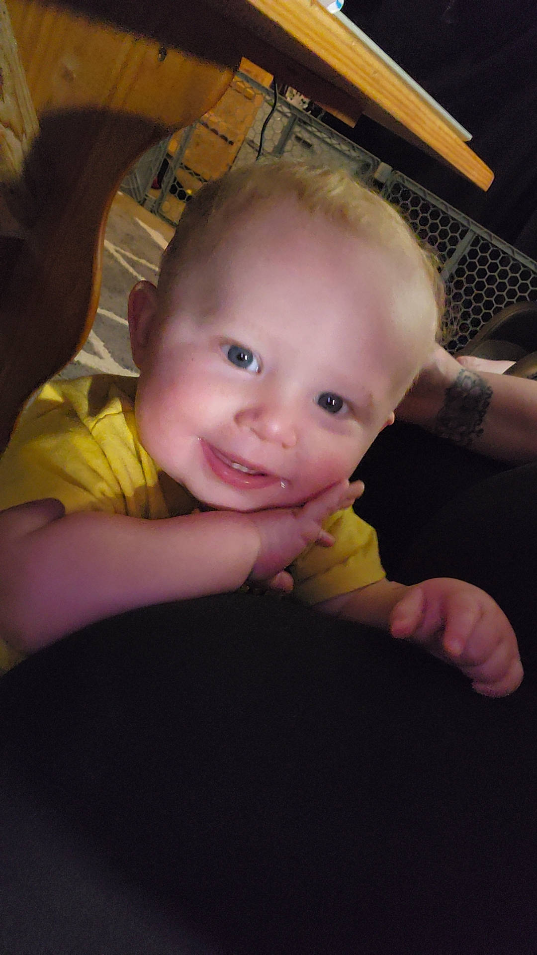 Brixton is registered to the contest to win money with this photo: baby, baby_toddler_clothing, cheek, child, chin, comfort, eyebrow, flash_photography, floor, flooring, gesture, happy, iris, mouth, nose, person, skin, smile, thumb, toddler