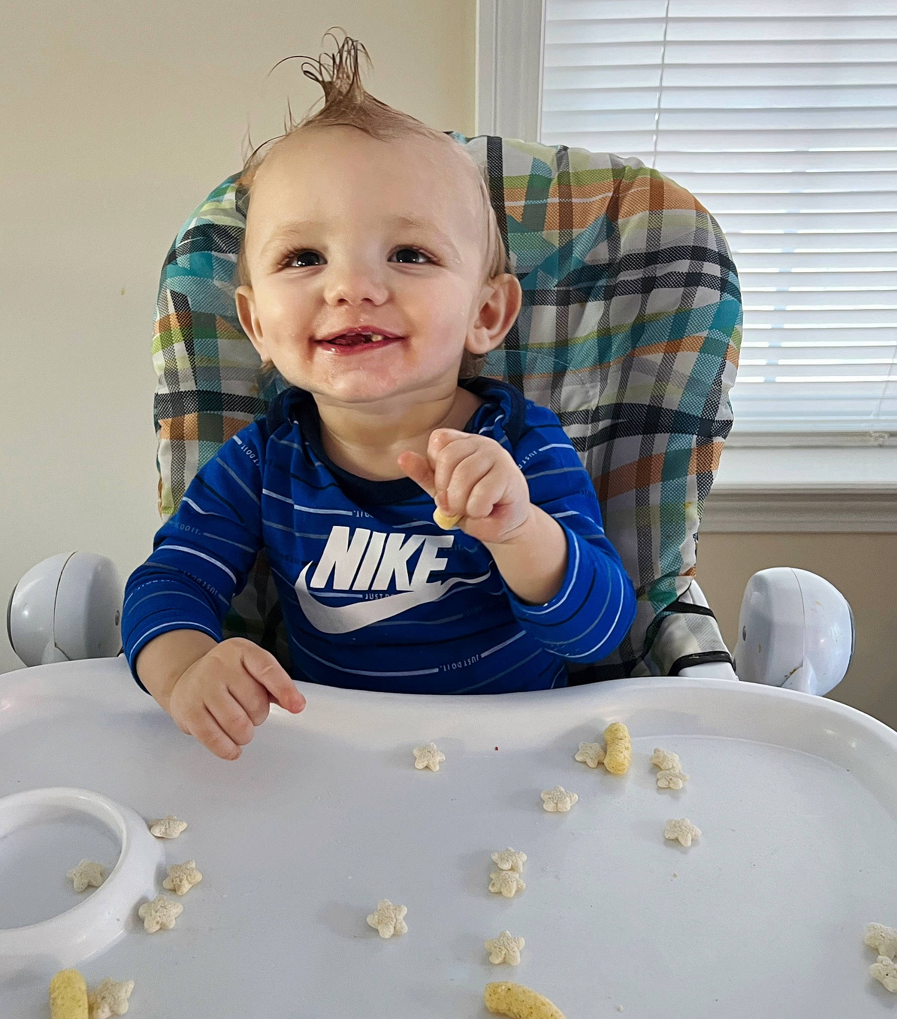 Karson joined the competition — help win amazing prizes! arm, baby, baby_laughing, baby_toddler_clothing, cheek, child, finger, fun, hand, happy, joy, pattern, person, skin, sleeve, smile, standing, t_shirt, textile, toddler