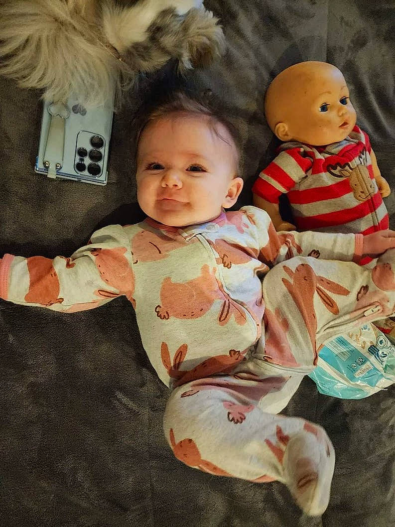 Madilyn joined the competition — help win amazing prizes! baby, baby_toddler_clothing, cheek, child, fun, fur, hairstyle, happy, mammal, pattern, person, room, sibling, sitting, skin, sleeve, smile, stuffed_toy, textile, toddler