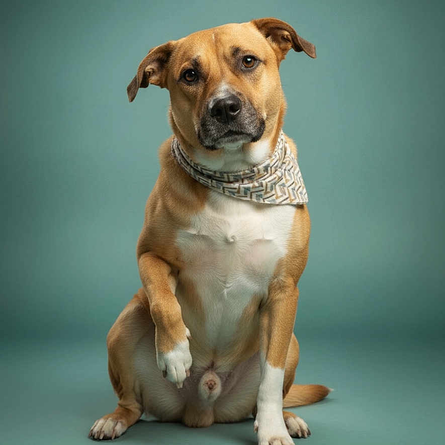 Dobbie joined the competition — help win amazing prizes! dog, brown_dog, sitting, bandana, pet, animal, studio, portrait, paw, raised_paw, cute, expressive_eyes, canine, mammal, indoor, teal_background, photography, looking_at_camera, friendly, well_groomed