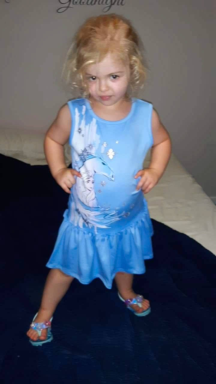 Amberly joined the competition — help win amazing prizes! blond, blue, child, dress, electric_blue, person, smile, standing, toddler