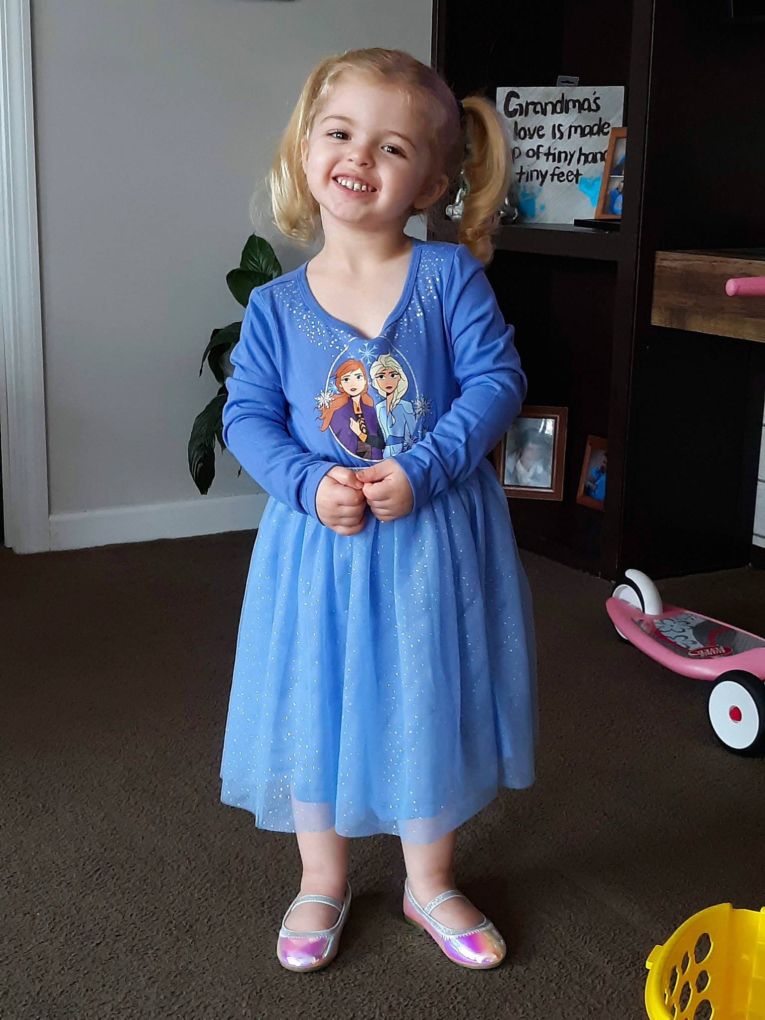 Amberly joined the competition — help win amazing prizes! blue, child, clothing, costume, dress, joy, outerwear, person, play, shoe, sleeve, smile, toddler, toy