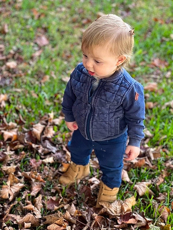 Mason is registered to the contest to win money with this photo: baby_toddler_clothing, botany, child, clothing, eye, forest, grass, grass_family, hand, head, leaf, nature, outerwear, people_in_nature, person, plant, soil, standing, toddler, tree