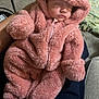 baby, bear_ears, blanket, carpet, child, cozy, cute, fabric, fuzzy, hand, hood, indoor, infant, nap, onesie, person, pink, rest, sleeping, soft