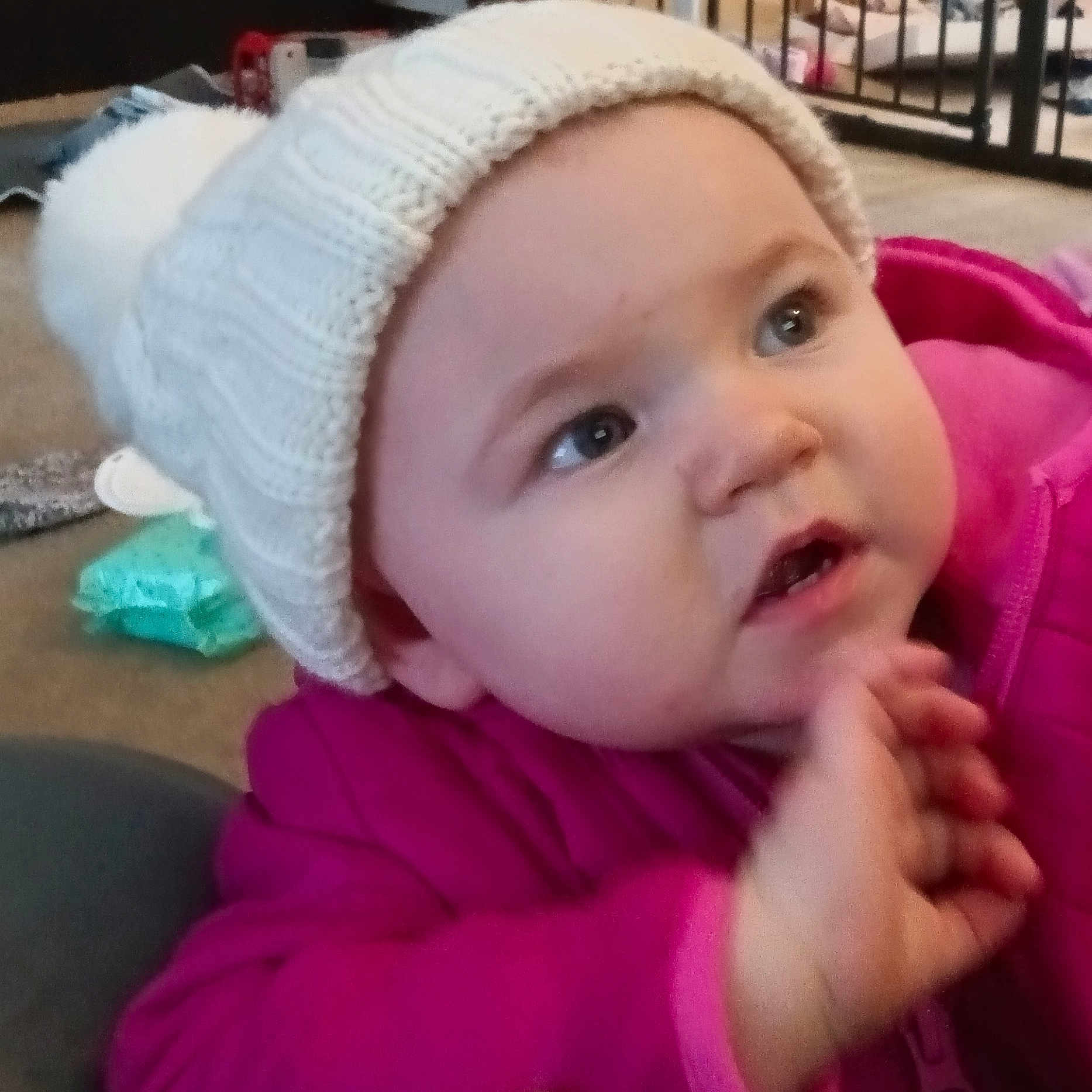 Mila joined the competition — help win amazing prizes! baby, beanie, bodypart, bonnet, cap, clothing, coat, face, finger, glove, hand, hat, head, hood, jacket, newborn, person, photography, portrait, purple