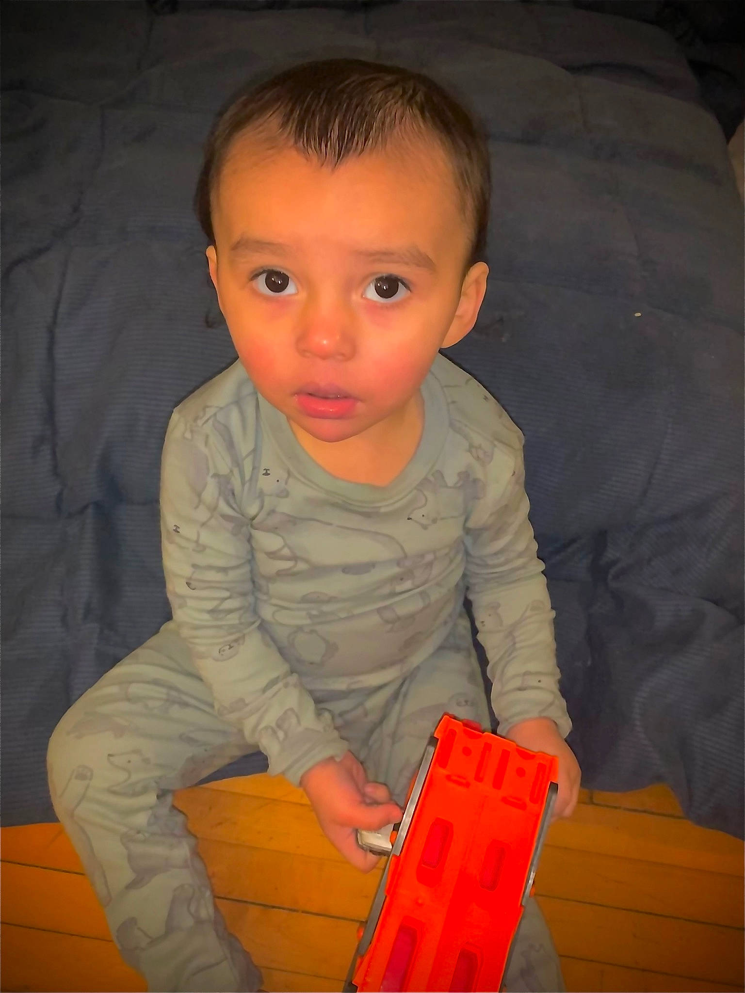 Armani joined the competition — help win amazing prizes! baby, baby_playing_with_toys, baby_toddler_clothing, cheek, child, comfort, elbow, finger, flash_photography, flooring, fun, lap, nose, orange, person, sitting, skin, sleeve, toddler, toy