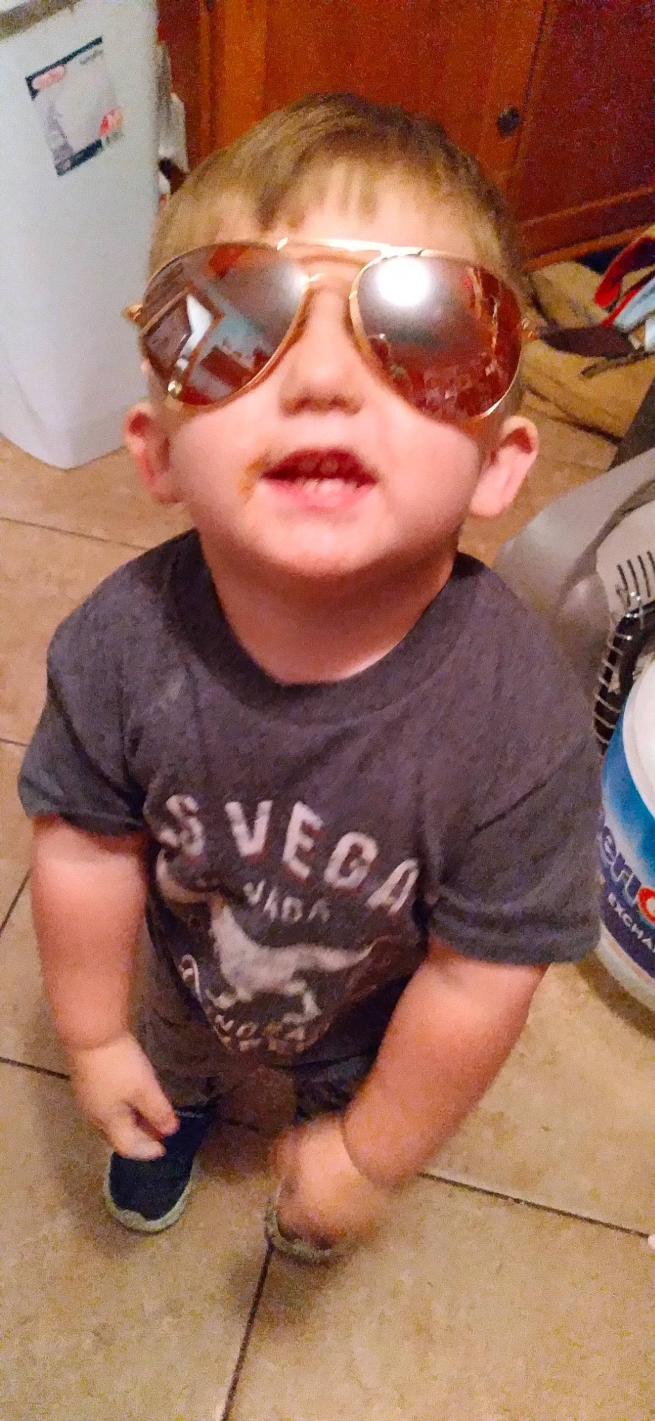 Ace joined the competition — help win amazing prizes! aluminum_can, baby, cool, electric_blue, eye_glass_accessory, eyewear, fun, glasses, goggles, happy, jaw, person, personal_protective_equipment, sleeve, smile, sunglasses, t_shirt, thumb, toddler, vision_care