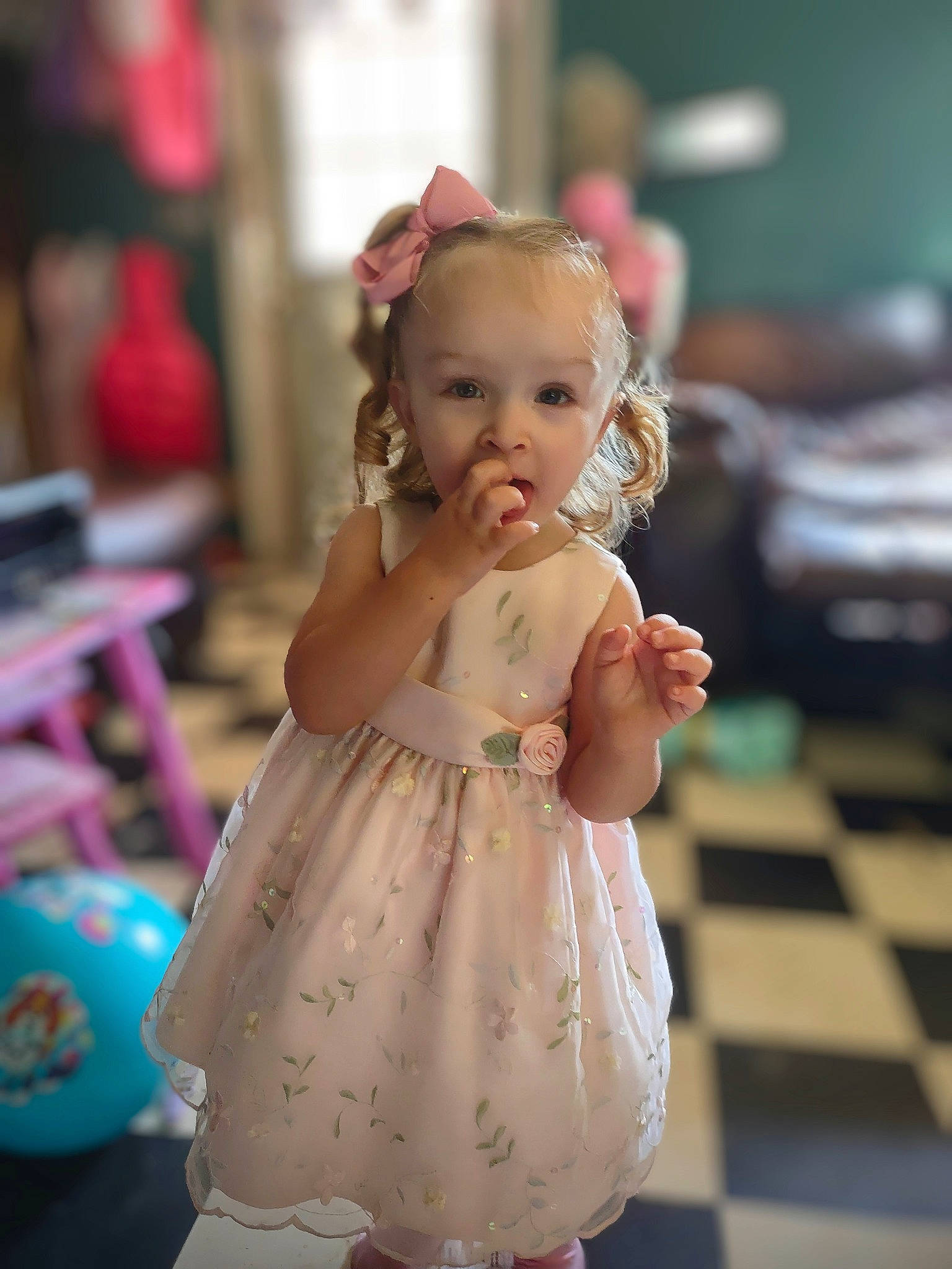 Zyah joined the competition — help win amazing prizes! baby, baby_toddler_clothing, blond, child, costume, day_dress, dress, event, fashion_design, flooring, fun, happy, hat, human_leg, iris, one_piece_garment, person, pink, skin, surprise