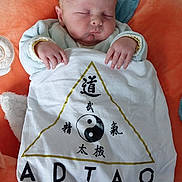 Andrew participe au concours pour gagner de l'argent avec cette photo : baby, infant, newborn, sleeping, blanket, pillow, yin_yang, symbol, printed_graphic, chinese_characters, hand, face, head, swaddle, clothing, bedding, soft_texture, orange_background, cute, portrait