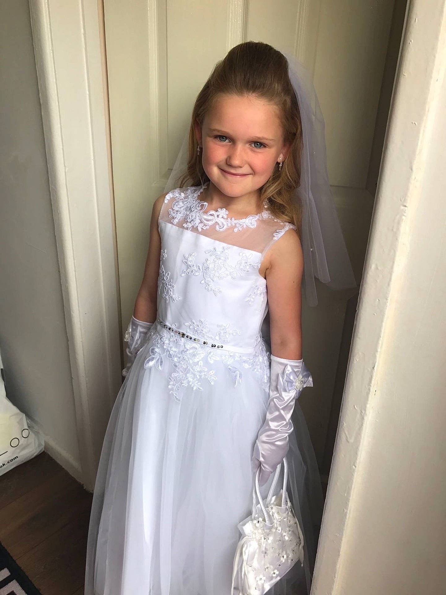 Daisy joined the competition — help win amazing prizes! bridal_accessory, bridal_clothing, bridal_party_dress, bridal_veil, bride, child, cocktail_dress, dress, flower_girl, formal_wear, girl, gown, hair_accessory, hairstyle, joy, long_hair, person, photo_shoot, shoulder, textile