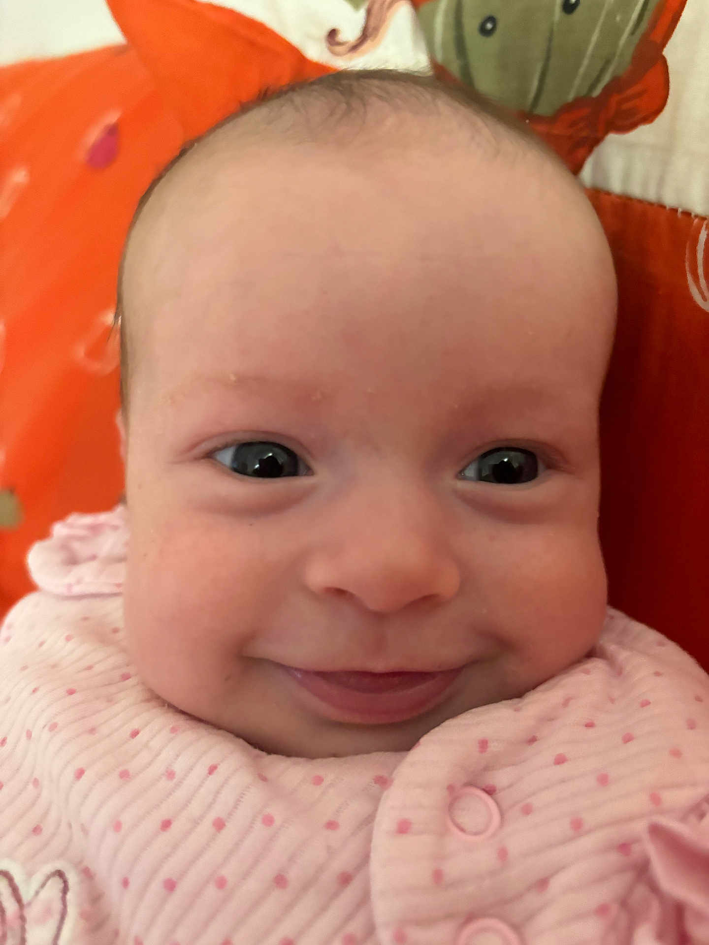 Talia joined the competition — help win amazing prizes! baby, smile, face, infant, pink_clothing, polka_dots, close_up, cheeks, cute, happy, eyes, head, soft_toy, orange_background, buttoned_clothing, skin, person, newborn, portrait, indoors