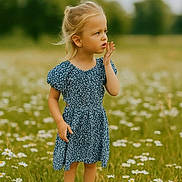 Lou participe au concours pour gagner de l'argent avec cette photo : child, girl, blue_dress, flowers, meadow, grass, outdoor, nature, summer, field, daisies, standing, blonde_hair, casual_clothing, sandals, portrait, curious, sunlight, greenery, peaceful
