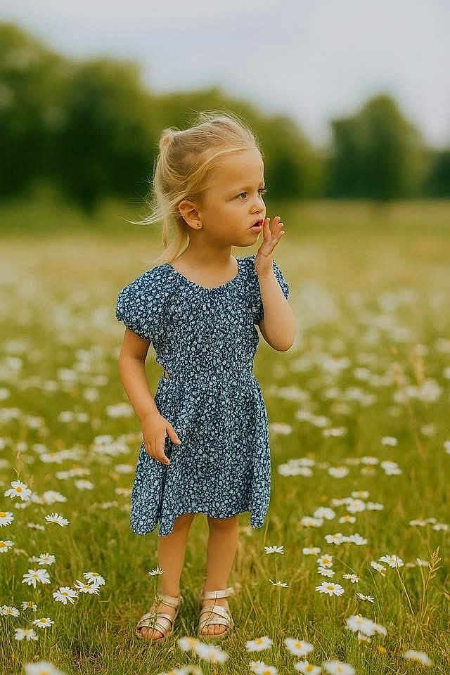 Lou participe au concours pour gagner de l'argent avec cette photo : child, girl, blue_dress, flowers, meadow, grass, outdoor, nature, summer, field, daisies, standing, blonde_hair, casual_clothing, sandals, portrait, curious, sunlight, greenery, peaceful