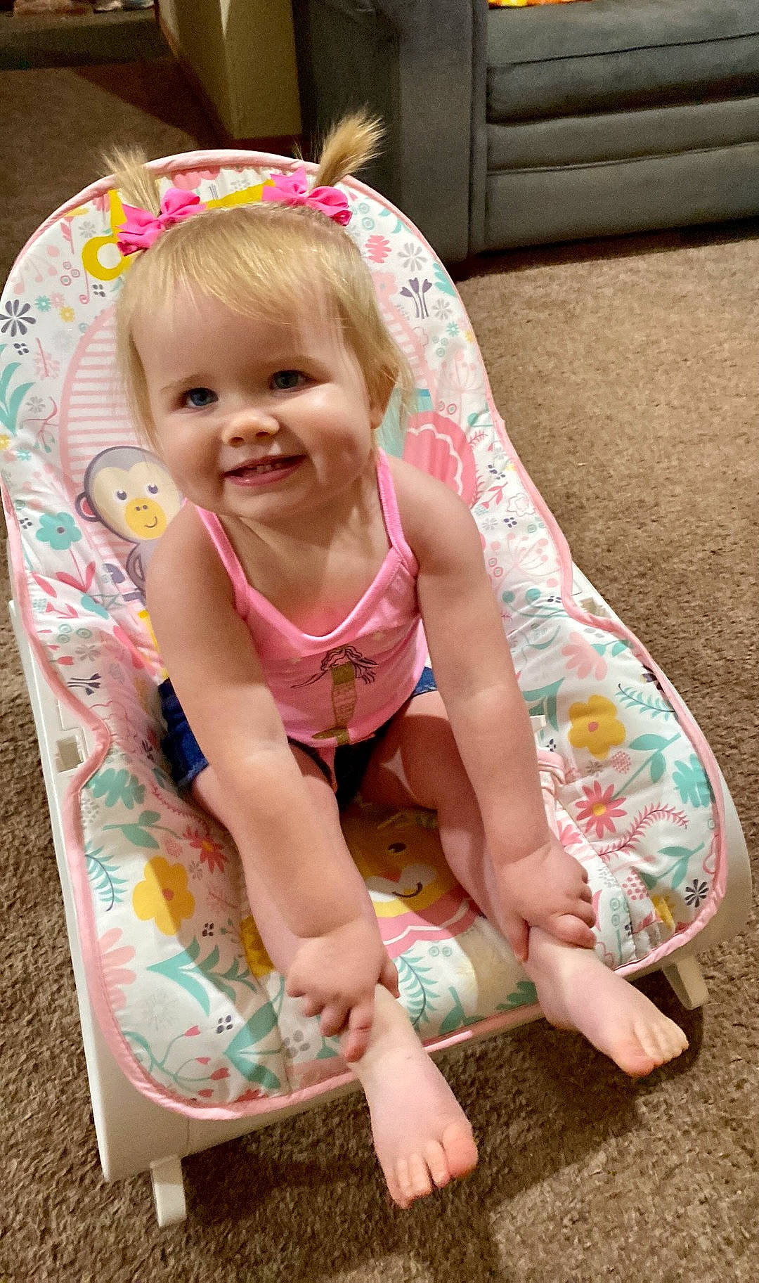 Emberleigh is registered to the contest to win money with this photo: baby, baby_products, baby_toddler_clothing, cheek, child, chin, comfort, eye, face, facial_expression, fun, happy, head, human_body, human_leg, joy, person, pink, skin, sleeve