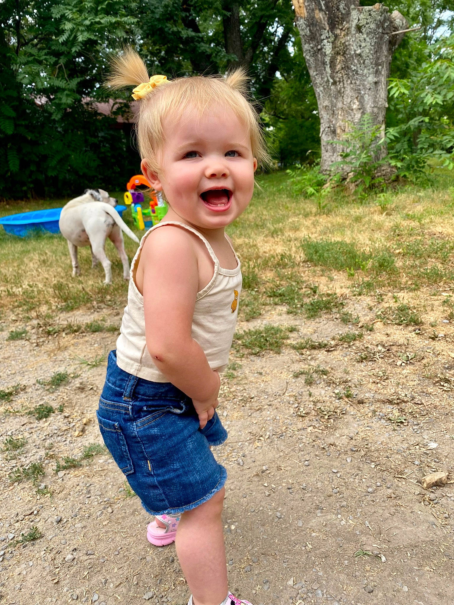 Emberleigh is registered to the contest to win money with this photo: baby_toddler_clothing, barefoot, child, clothing, companion_dog, dog, electric_blue, facial_expression, fun, grass, happy, leisure, people_in_nature, person, plant, play, recreation, smile, t_shirt, toddler