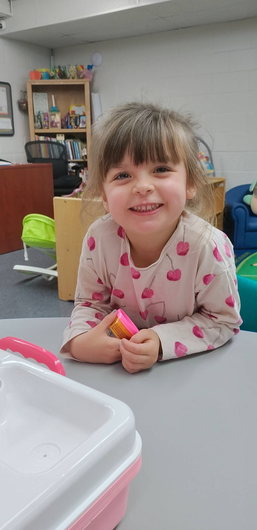 Anastasia is registered to the contest to win money with this photo: baby, baby_playing_with_toys, baby_toddler_clothing, bookcase, chair, cheek, child, flooring, fun, joy, kindergarten, learning, person, picture_frame, play, room, shelf, sitting, smile, t_shirt