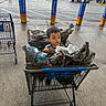 Steve is registered to the contest to win money with this photo: toddler, child, shopping_cart, grocery_bags, parking_lot, outdoor, sidewalk, cars, retail, storefront, person, daylight, concrete, urban, casual, clothing, curious, young_child, cart, groceries