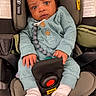 baby, infant, car_seat, blue_onesie, white_socks, pacifier_clip, seatbelt, child, cute, indoors, portrait, expression, curious, small_hands, black_hair, sitting, safety, straps, closeup, newborn