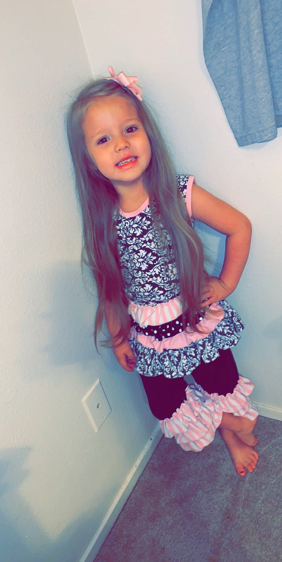 Cambree is registered to the contest to win money with this photo: abdomen, beauty, cheek, child, child_model, clothing, dress, fashion_accessory, leg, long_hair, pattern, person, photo_shoot, pink, skin, smile, thigh, tights, toddler, trunk