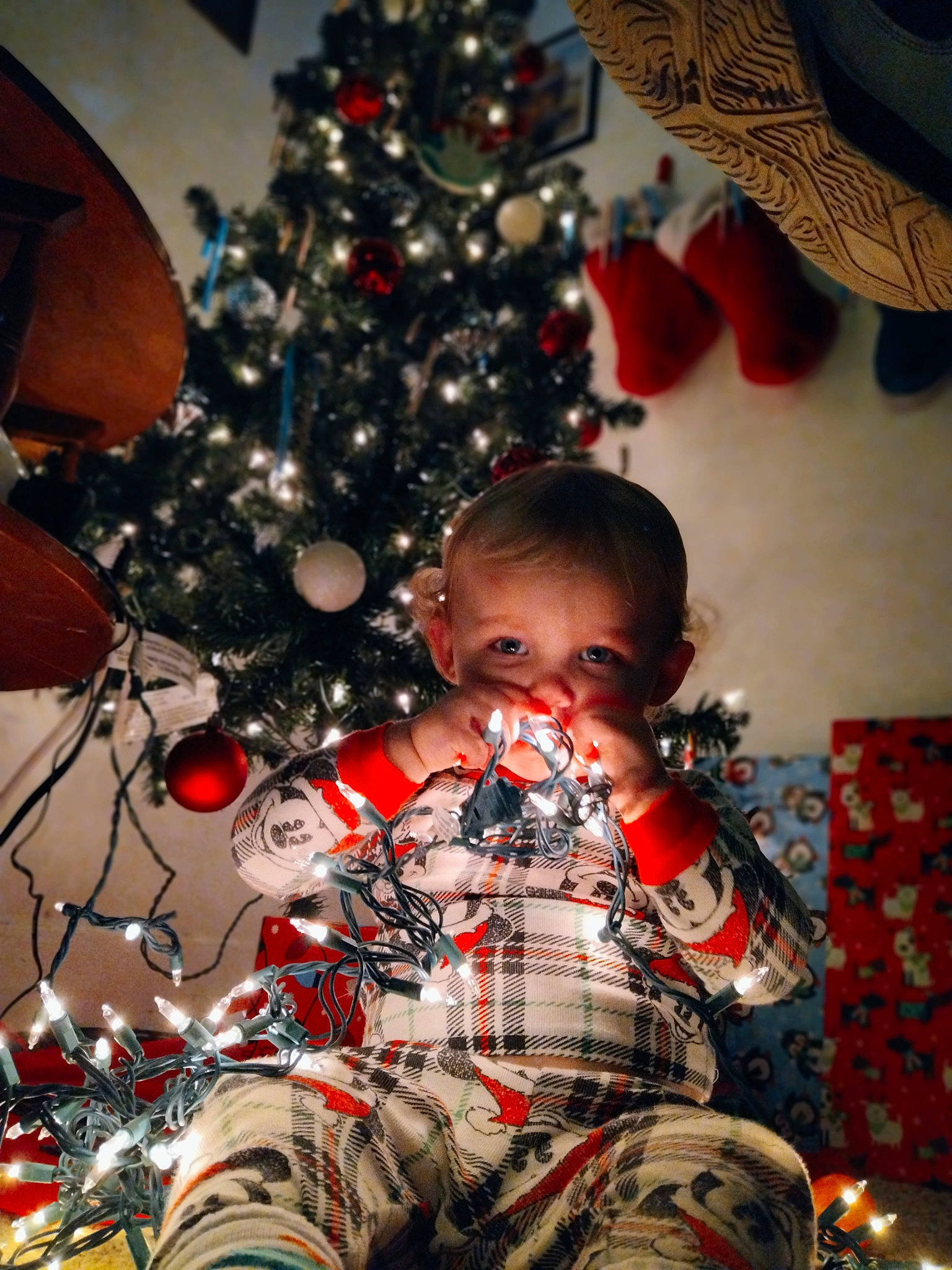Daxton is registered to the contest to win money with this photo: baby_toddler_clothing, christmas, christmas_decoration, christmas_eve, christmas_ornament, christmas_tree, event, fun, happy, head, holiday, holiday_ornament, leaf, light, ornament, people, person, red, toddler, tree