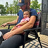 Alice joined the competition — help win amazing prizes! baby, child, infant, father, parent, sitting, chair, outdoor, lakeside, park, trees, water, grass, rug, pink_outfit, beard, cap, glasses, smiling, portrait