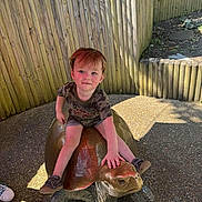 Rein joined the competition — help win amazing prizes! casual_clothing, child, concrete_ground, curious, daylight, nature, outdoor, person, playground, sculpture, shadow, shoes, shorts, sitting, statue, sunlight, tshirt, turtle, wooden_fence, young